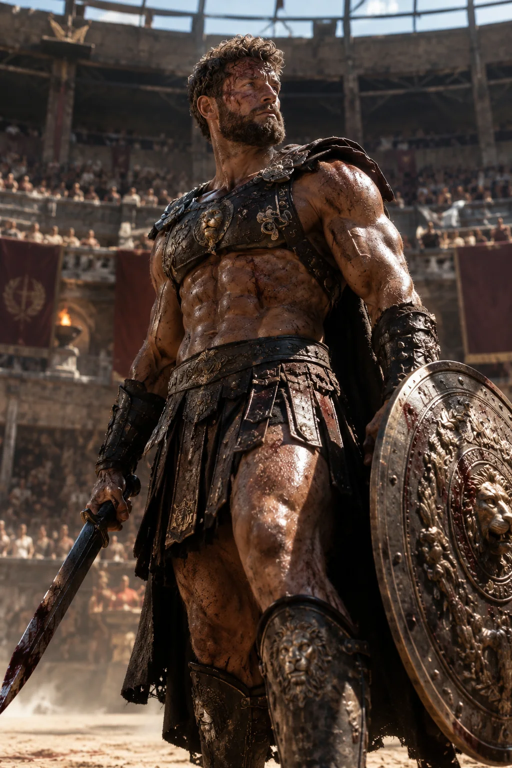 Cinematisch beeld van een gladiator in een arena