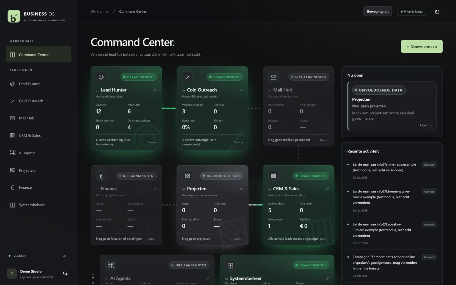 Screenshot van Command Center in AI Business OS