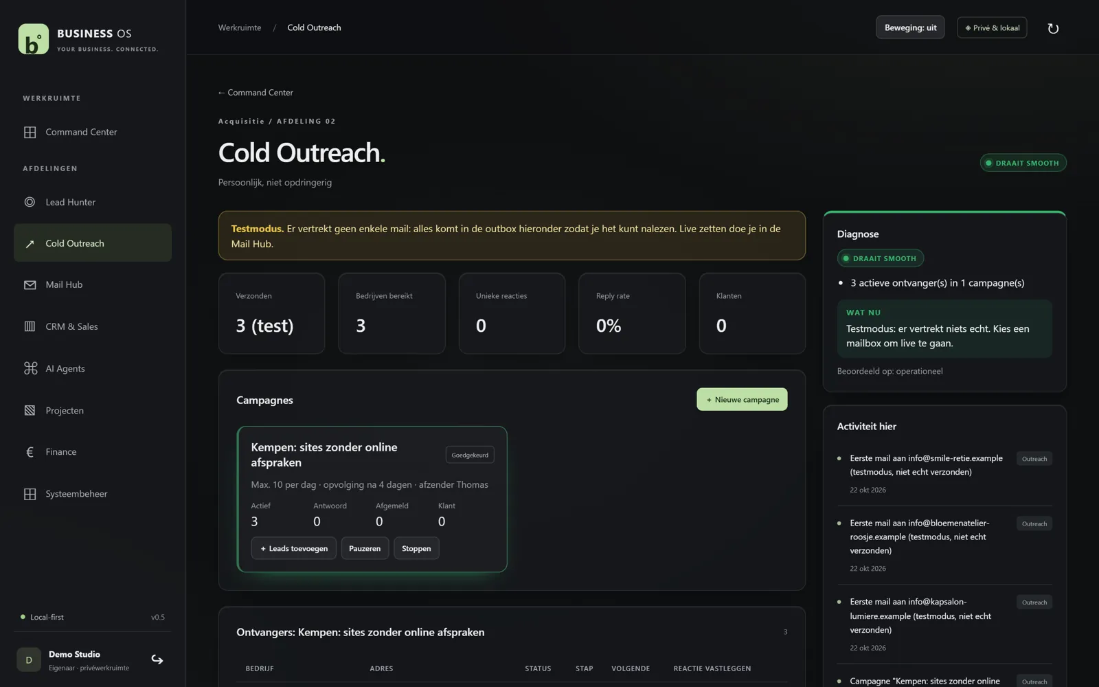 Screenshot van Cold Outreach in AI Business OS