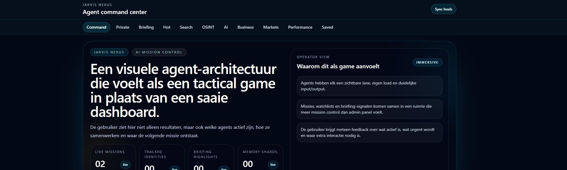 Jarvis Nexus — het agent command center: elke agent heeft een eigen lane, load en input/output (voorbeeldweergave)
