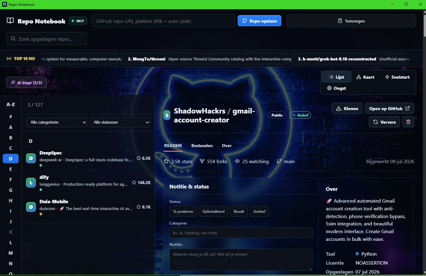 De lijstweergave met 127 opgeslagen repositories, README, statistieken en notities per repo