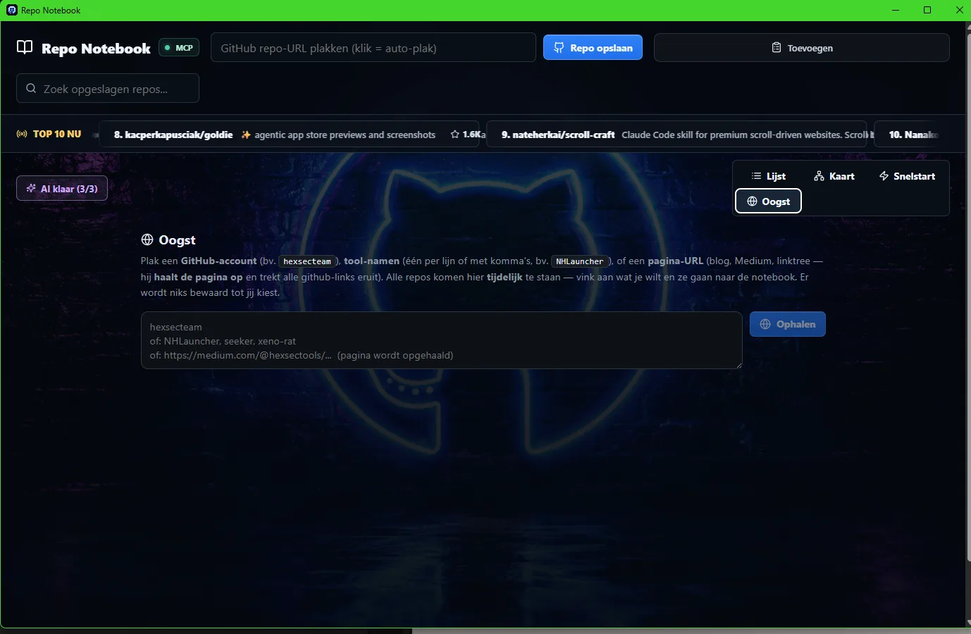 Oogst: plak een GitHub-account, toolnamen of een pagina-URL en Repo Notebook haalt alle repositories op