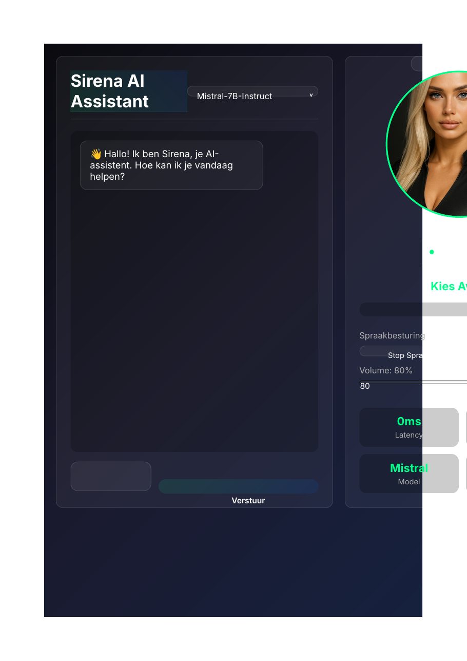 Sirena — chatvenster met modelkeuze, avatar en spraakbesturing (voorbeeldweergave)